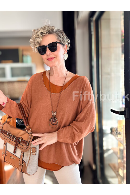 Terro İtalyan Düz Desen Kolyeli Bluz Kiremit