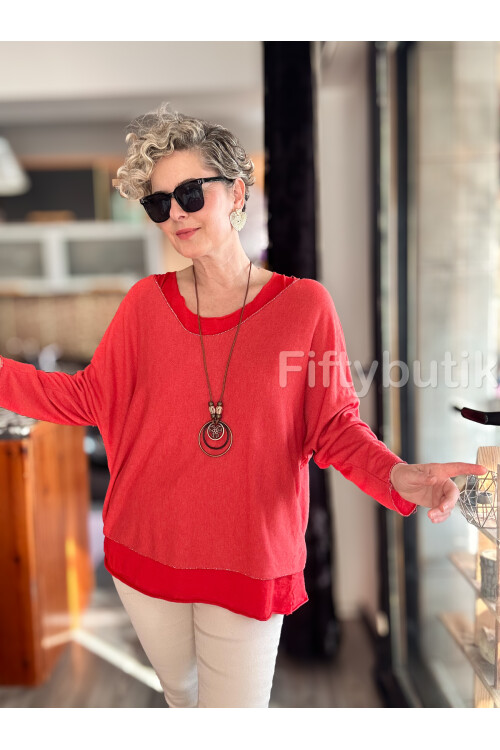 Terro İtalyan Düz Desen Kolyeli Bluz Nar Çiçeği