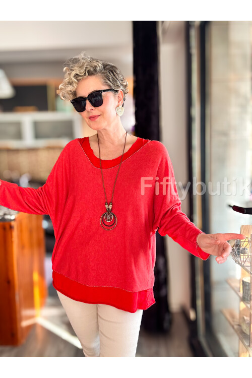 Terro İtalyan Düz Desen Kolyeli Bluz Nar Çiçeği