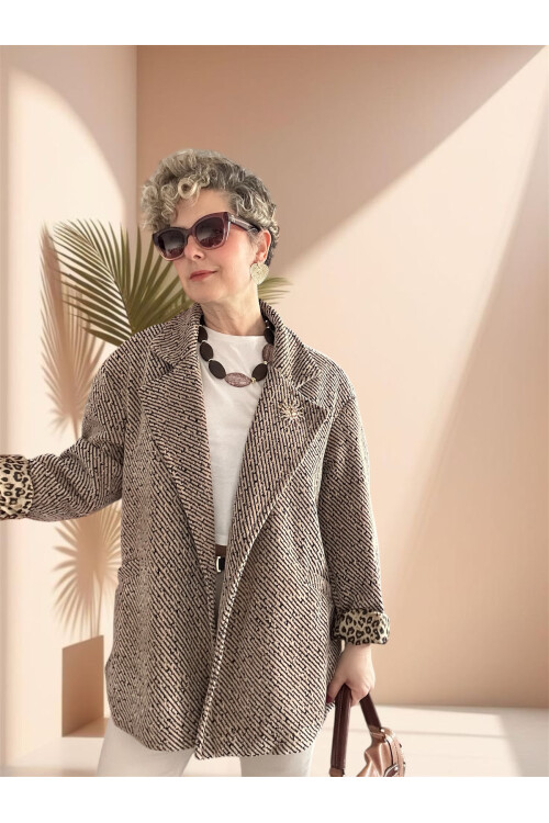 Tigre Çizgili Broşlu Leopar Astarlı Ceket Cafe Creme