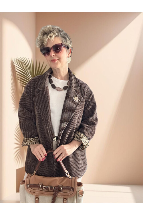 Tigre Çizgili Broşlu Leopar Astarlı Ceket Kahverengi