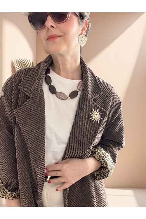 Tigre Çizgili Broşlu Leopar Astarlı Ceket Kahverengi