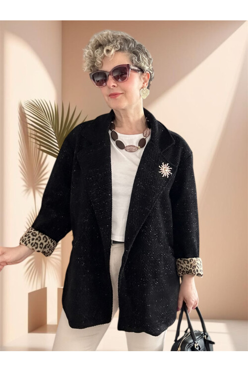 Tigre Çizgili Broşlu Leopar Astarlı Ceket Siyah