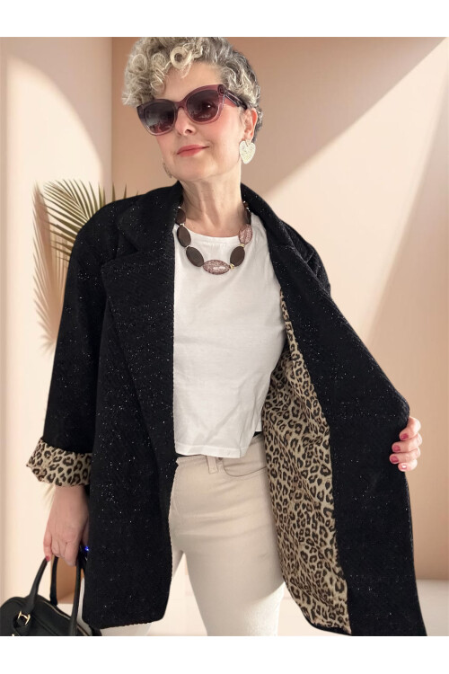 Tigre Çizgili Broşlu Leopar Astarlı Ceket Siyah