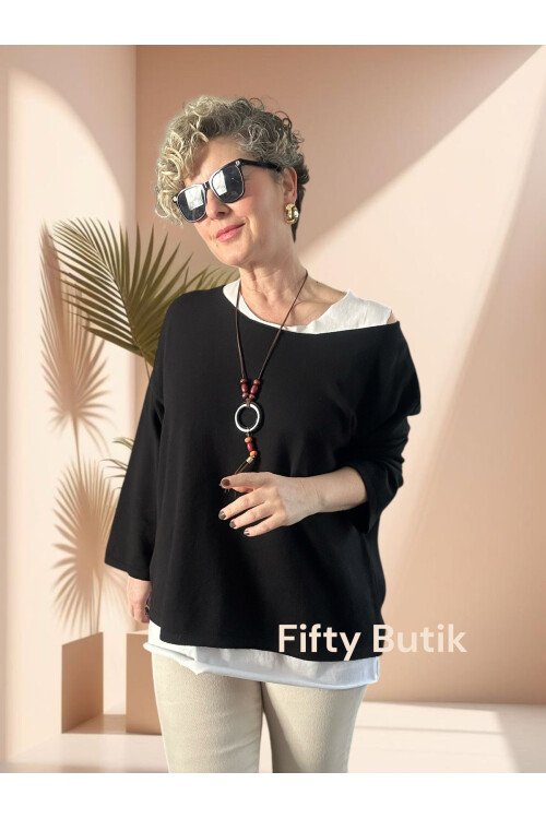 Torre Atletli Kolye Detay Triko Bluz Siyah