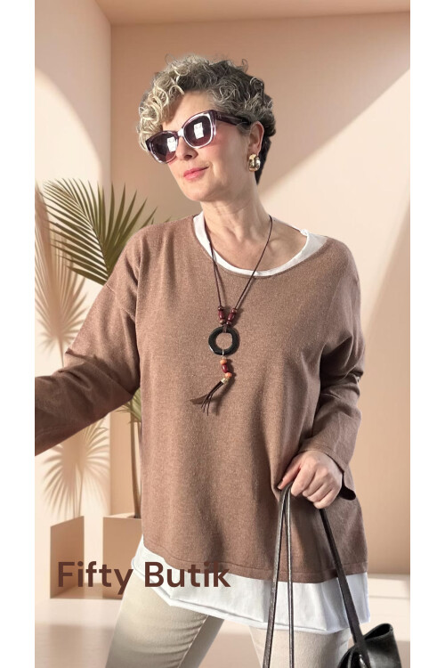 Torre Atletli Kolye Detay Triko Bluz Vizon