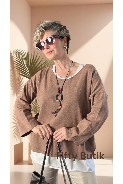 Torre Atletli Kolye Detay Triko Bluz Vizon