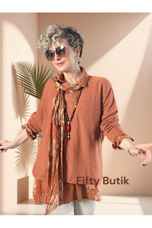 Tussi İtalyan Gömlekli Bluz Triko Takım Kiremit