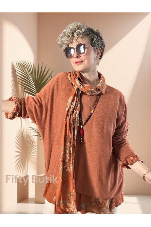 Tussi İtalyan Gömlekli Bluz Triko Takım Kiremit