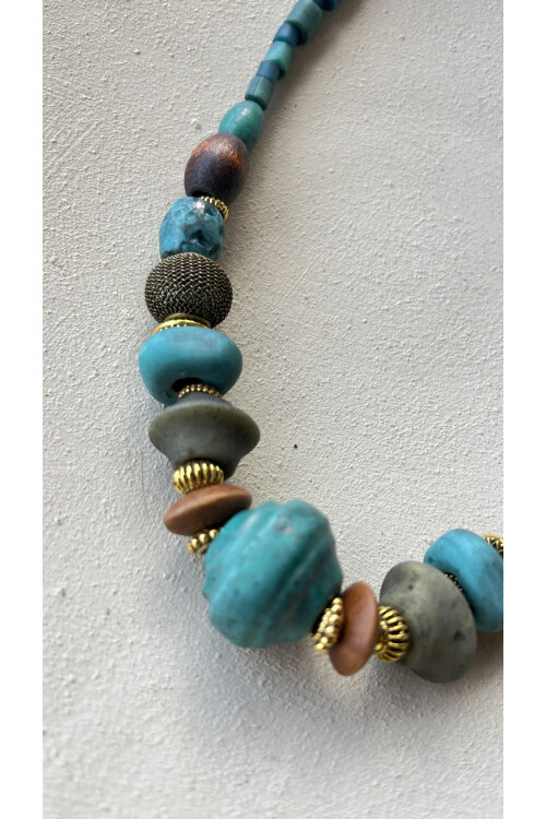 Twinkle Pirinç Cam Etnik Kolye Turkuaz