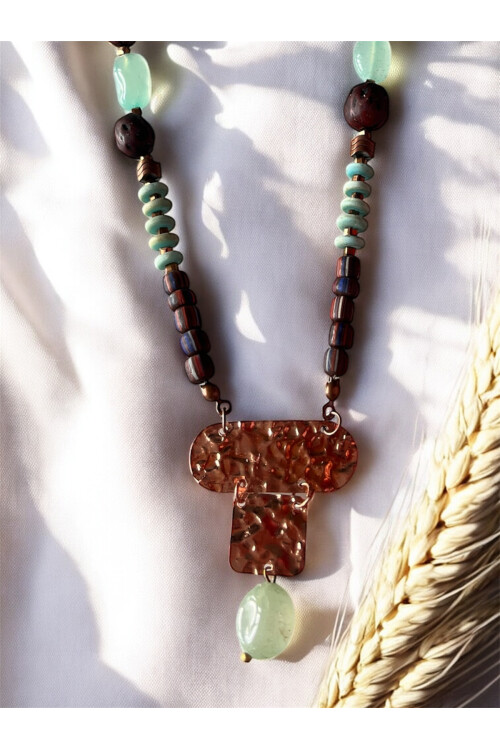 Uress Doğal Taş Pirinç Cam Etnik Kolye