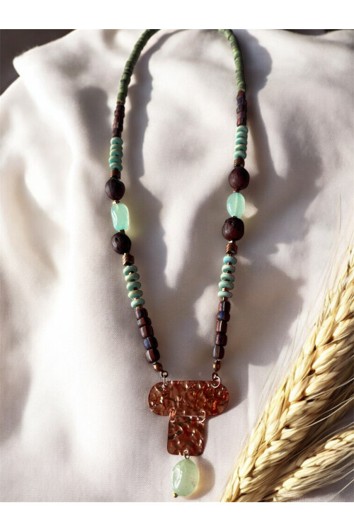 Uress Doğal Taş Pirinç Cam Etnik Kolye