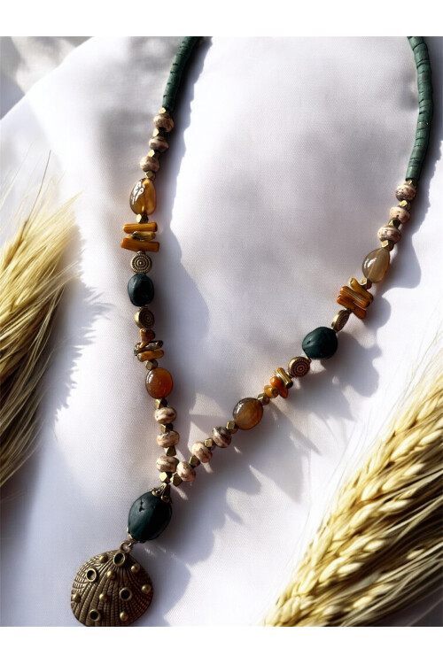 Utapı Pirinç Cam Etnik Kolye