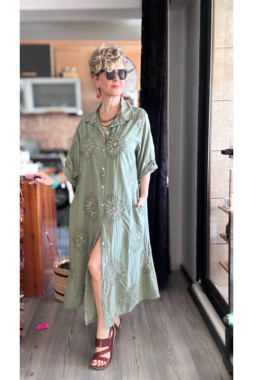 Vello İtalyan Pul Detaylı Gömlek  Elbise Kap Haki Yeşil