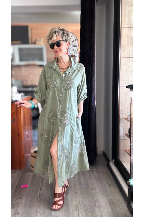 Vello İtalyan Pul Detaylı Gömlek  Elbise Kap Haki Yeşil