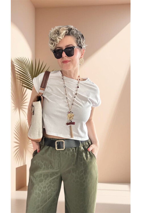 Vento İthal Leopar Desen Deri Görünüm Pantolon Haki