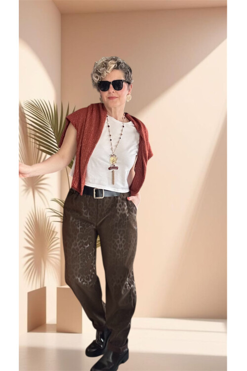 Vento İthal Leopar Desen Deri Görünüm Pantolon Kahve