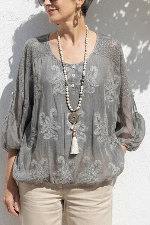 Vessa İtalyan Seri Nakışlı Premium İpek Bluz Antrasit