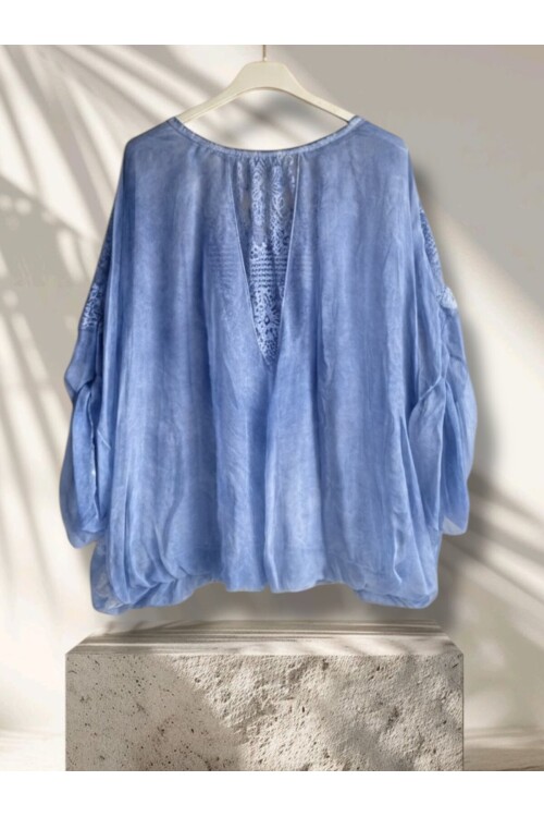 Vessa İtalyan Seri Nakışlı Premium İpek Bluz Mavi