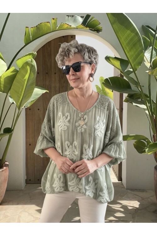 Vessa İtalyan Seri Nakışlı Premium İpek Bluz Su Yeşili