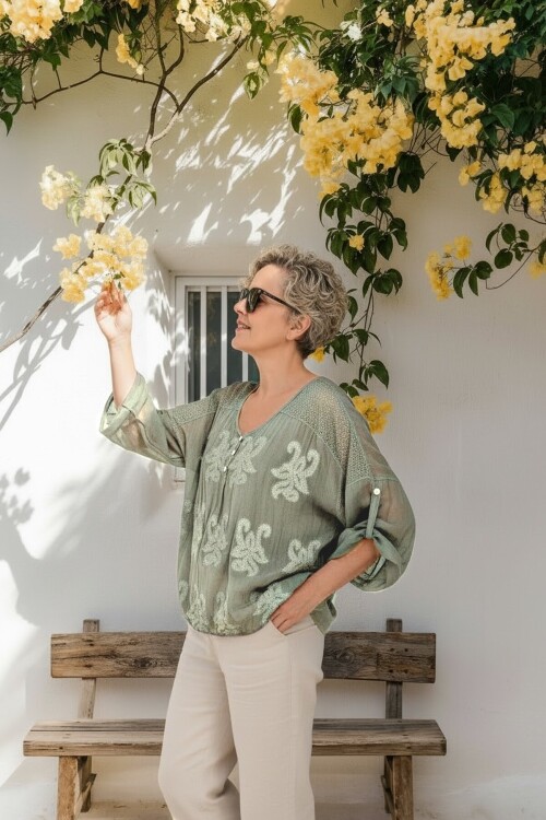 Vessa İtalyan Seri Nakışlı Premium İpek Bluz Su Yeşili