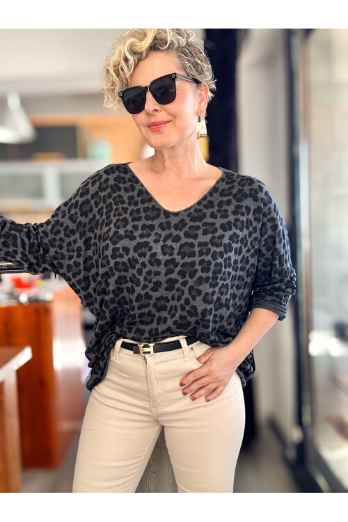 Virgin İtalyan V Yaka Desenli Triko Gri