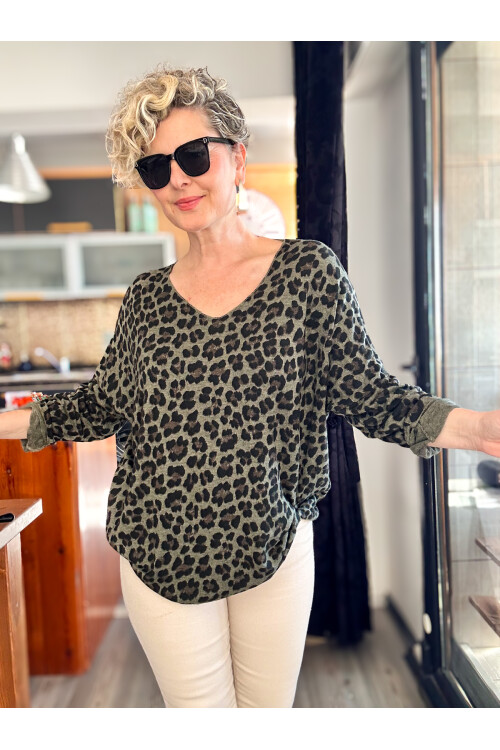 Virgin İtalyan V Yaka Desenli Triko Haki