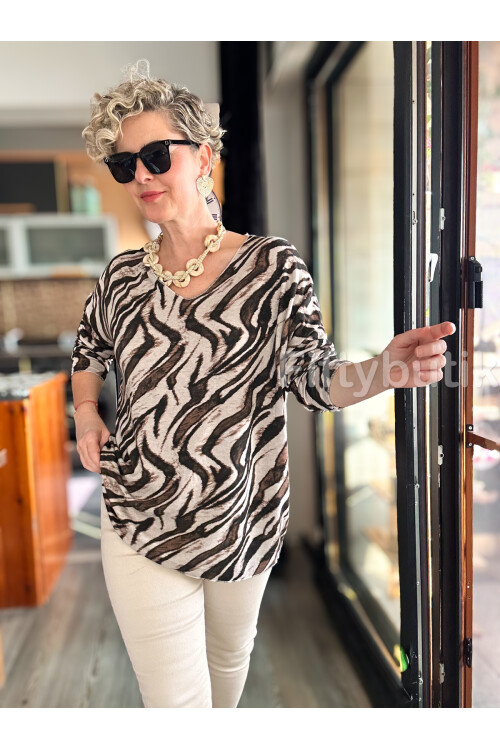 Yassa İtalyan V Yaka Zebra Desenli Triko Bej