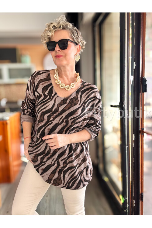 Yassa İtalyan V Yaka Zebra Desenli Triko Vizon