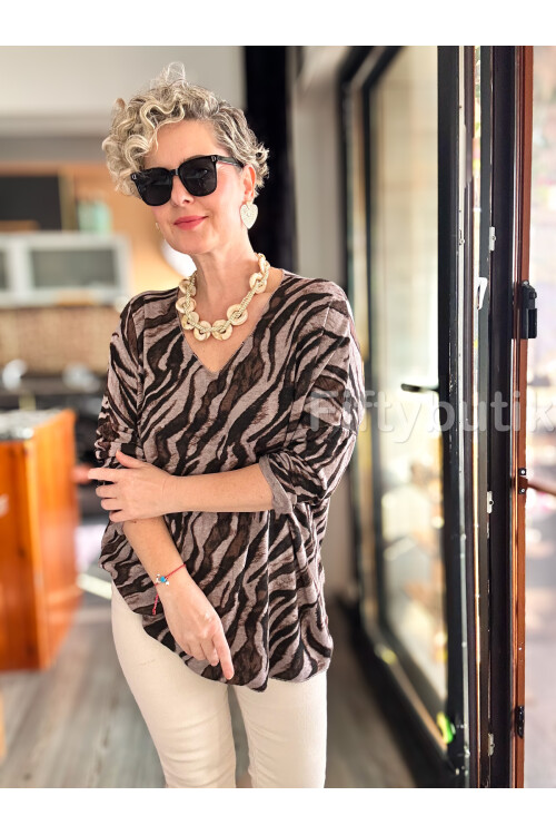 Yassa İtalyan V Yaka Zebra Desenli Triko Vizon