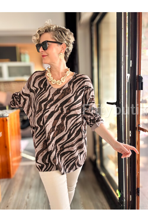 Yassa İtalyan V Yaka Zebra Desenli Triko Vizon