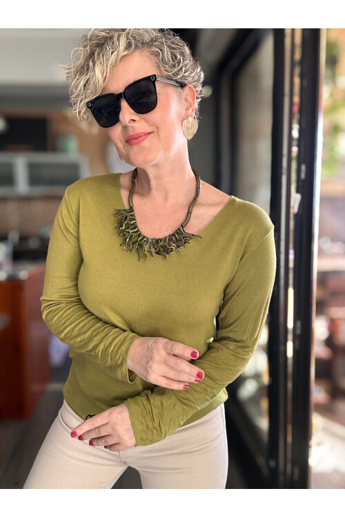Zanna İtalyan V Yaka Triko Yağ Yeşil