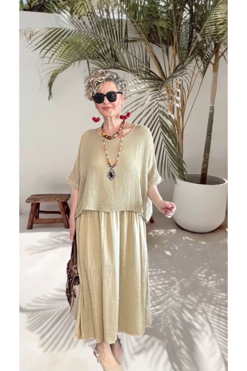 Abitare İtalyan Fisto File Detay Vip Elbise Kum Beige