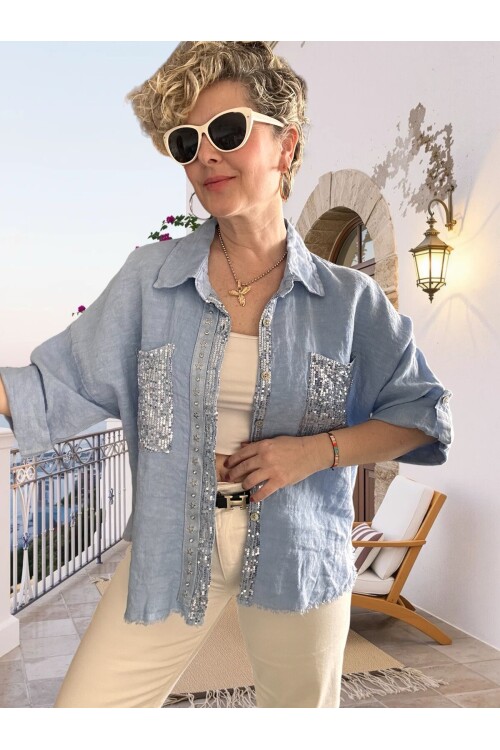 Afro  İtalyan Vip Pul Payet Detay Gömlek Ceket Bebe Mavi