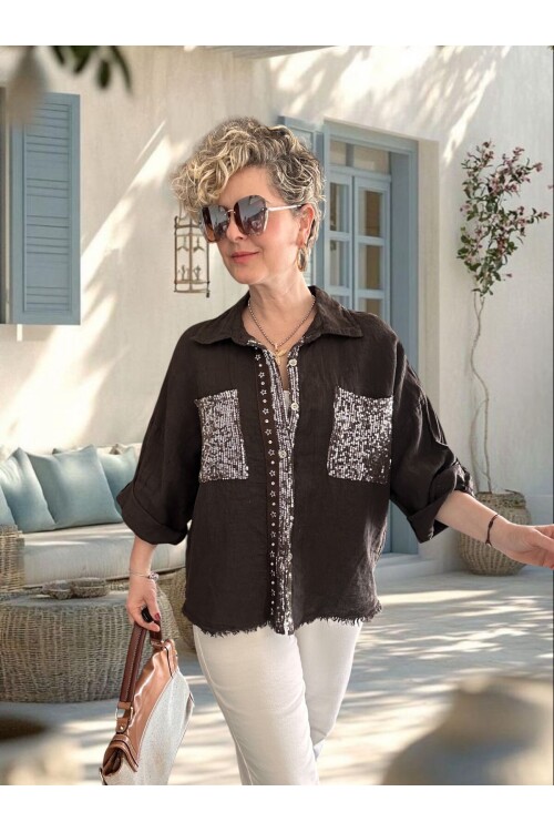 Afro  İtalyan Vip Pul Payet Detay Gömlek Ceket Kahve