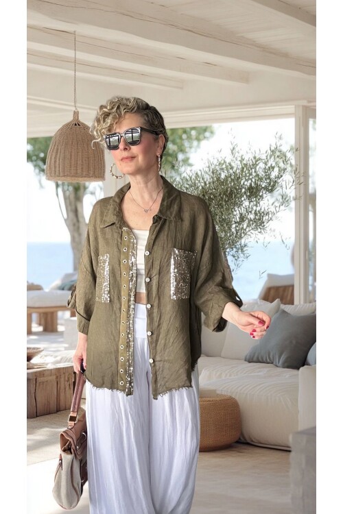 Afro  İtalyan Vip Pul Payet Detay Gömlek Ceket Kahve