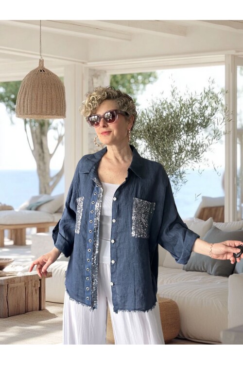 Afro  İtalyan Vip Pul Payet Detay Gömlek Ceket Lacivert