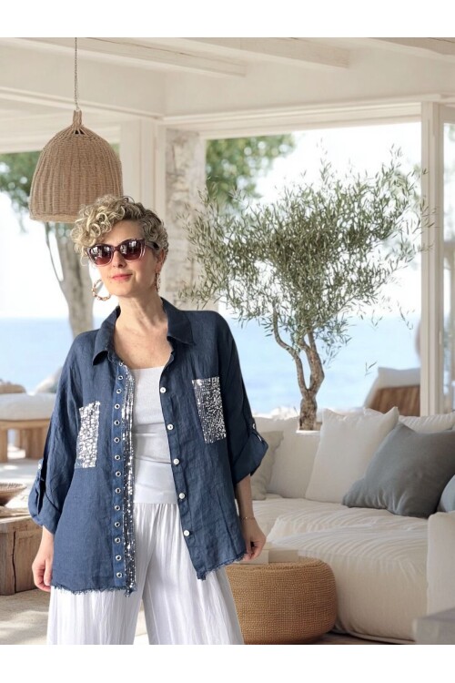 Afro  İtalyan Vip Pul Payet Detay Gömlek Ceket Lacivert