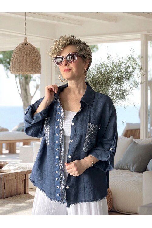 Afro  İtalyan Vip Pul Payet Detay Gömlek Ceket Lacivert