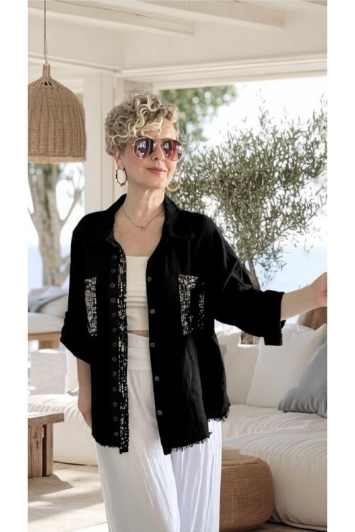 Afro  İtalyan Vip Pul Payet Detay Gömlek Ceket Siyah