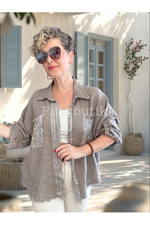 Afro  İtalyan Vip Pul Payet Detay Gömlek Ceket Vizon