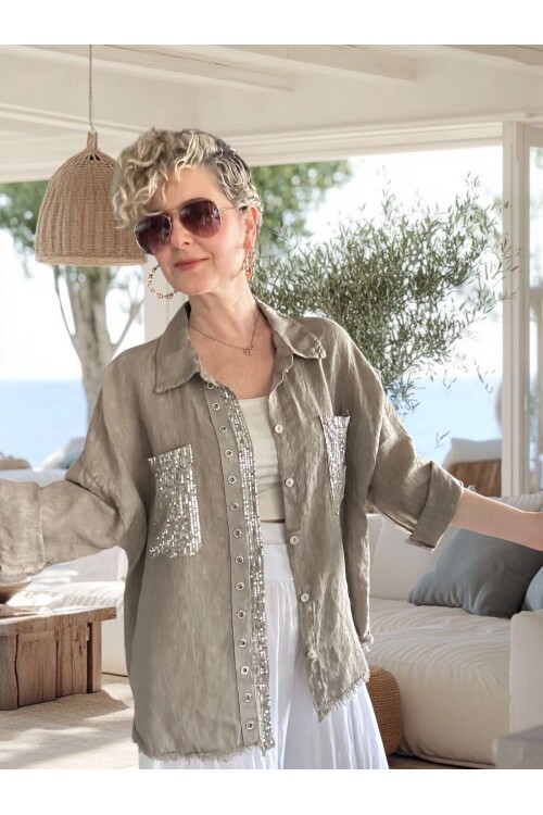 Afro  İtalyan Vip Pul Payet Detay Gömlek Ceket Vizon