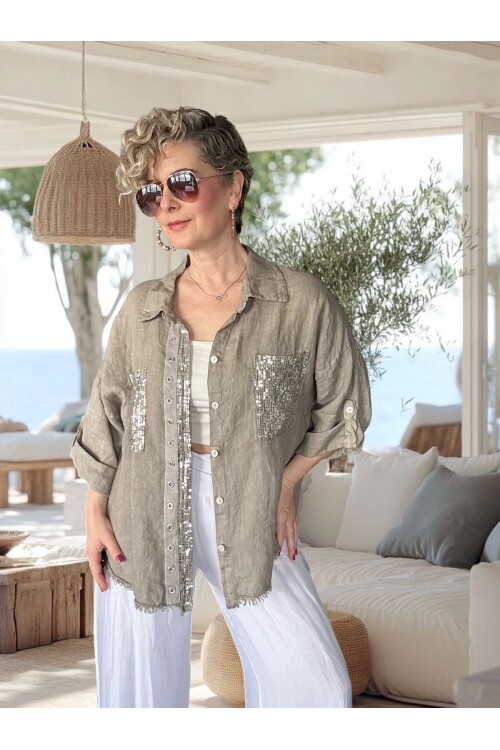 Afro  İtalyan Vip Pul Payet Detay Gömlek Ceket Vizon