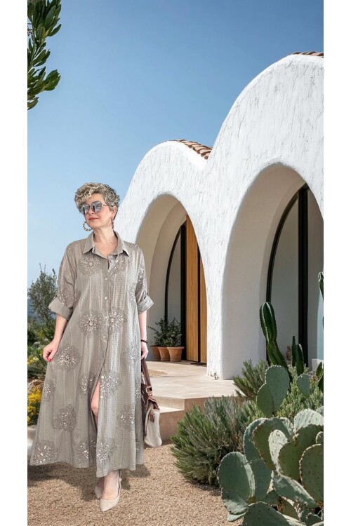 Alba Artizan Doku İtalyan Pul Detaylı Gömlek  Elbise Kap Fango