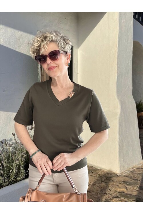 Auro Metal Toka Detaylı V Yaka Triko Bluz Haki