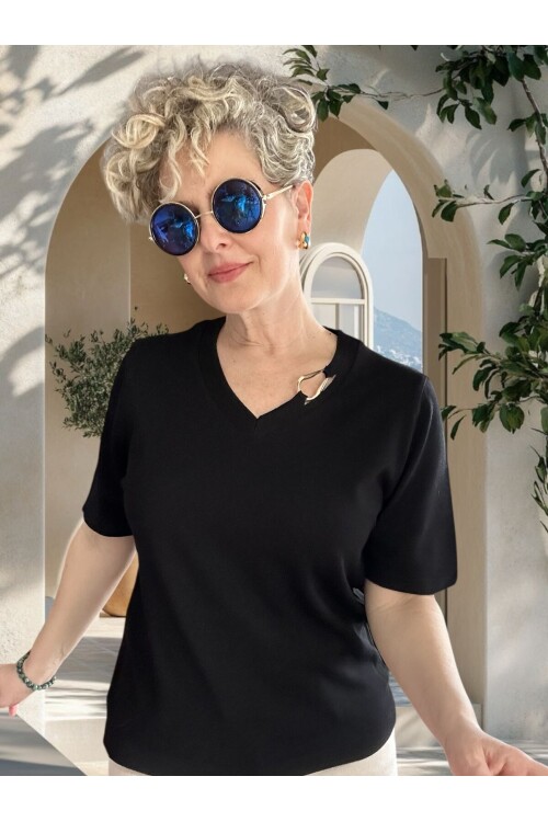 Auro Metal Toka Detaylı V Yaka Triko Bluz Siyah