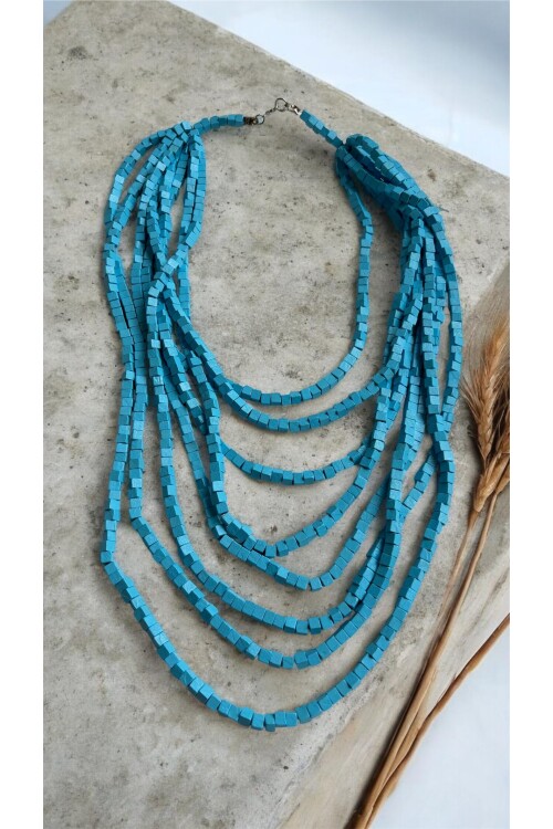 Baby Blue Tahta Otantik Sekiz Sıra Kolye