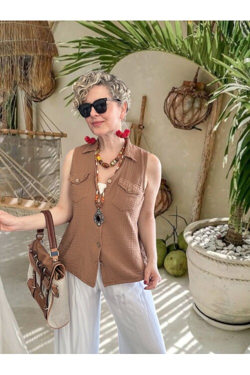 Bellas Artizan Tasarım V Yaka Düğmeli Yelek Kahve