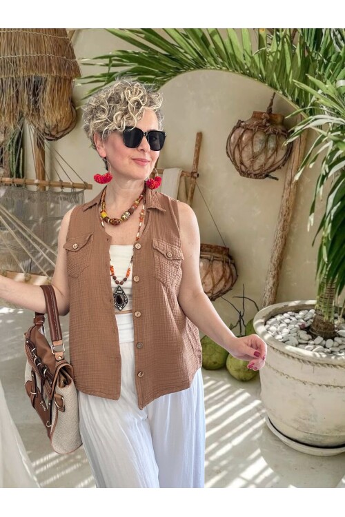 Bellas Artizan Tasarım V Yaka Düğmeli Yelek Kahve