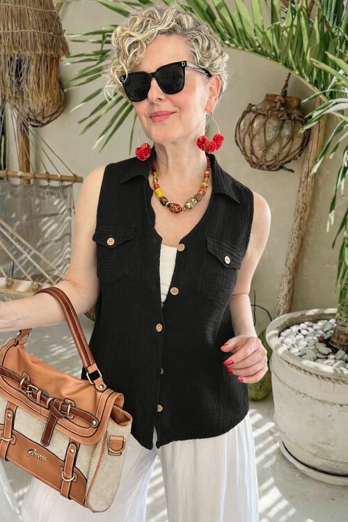 Bellas Artizan Tasarım V Yaka Düğmeli Yelek Siyah